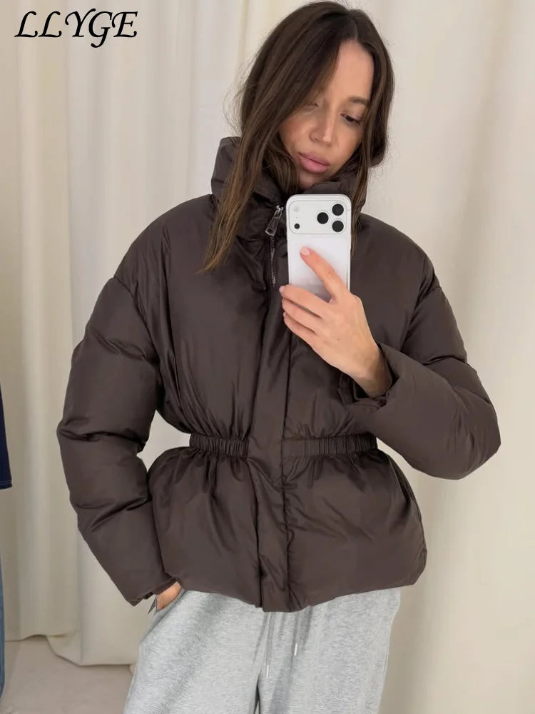 Casual Women's Waist Cinched Padded Cotton Coats Stand Collar Zipper Full Sleeve Coat 2026 Autumn Winter Lady Down Jacket New