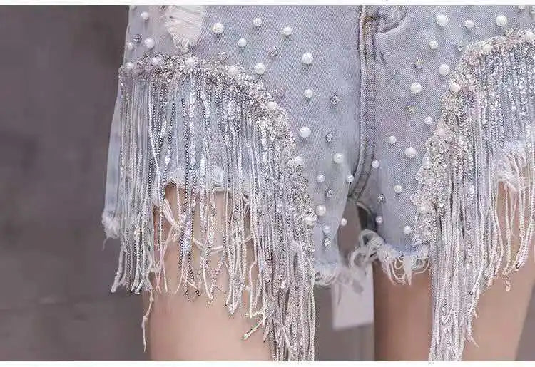 2026 Summer New Personalized Denim Shorts for women's High waisted Diamond Studded Heavy industry Sequin Tassel Fashion Shorts
