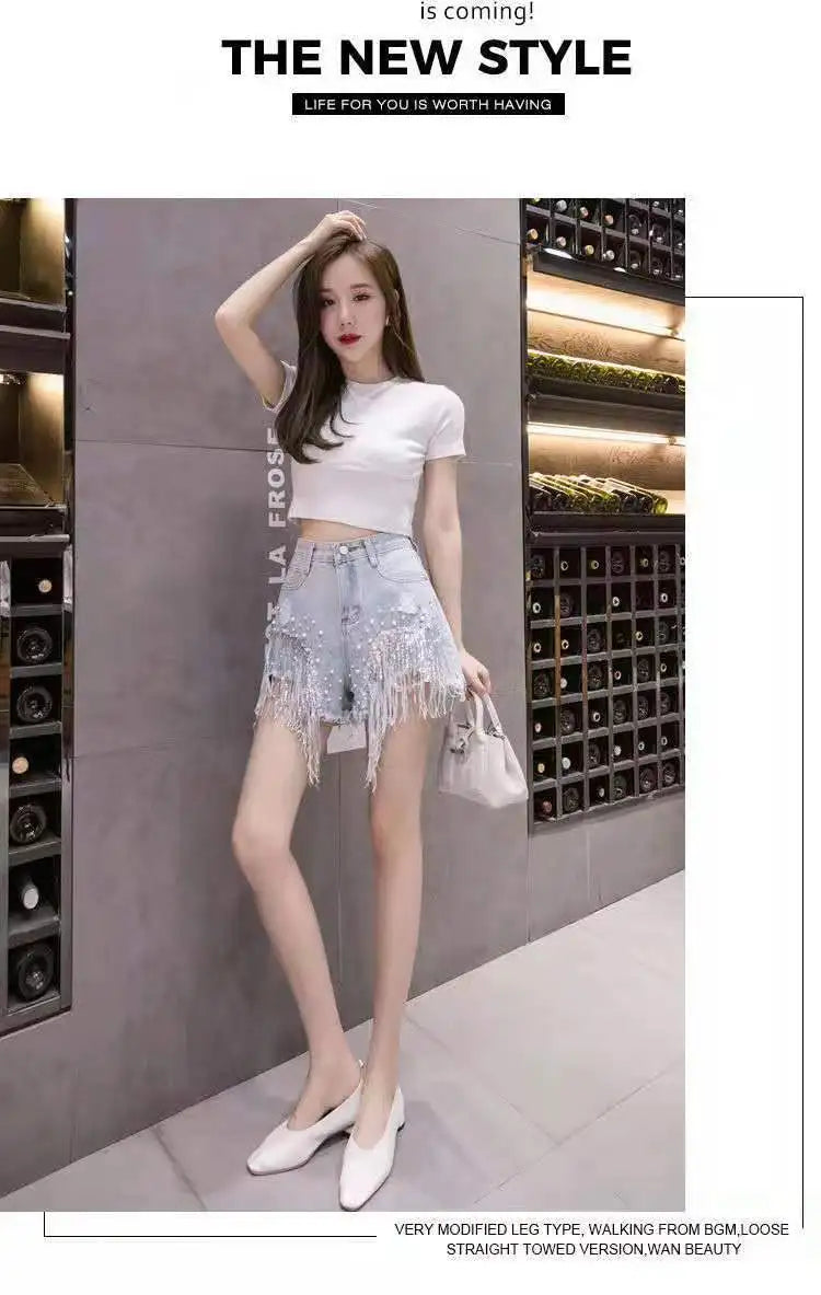 2026 Summer New Personalized Denim Shorts for women's High waisted Diamond Studded Heavy industry Sequin Tassel Fashion Shorts