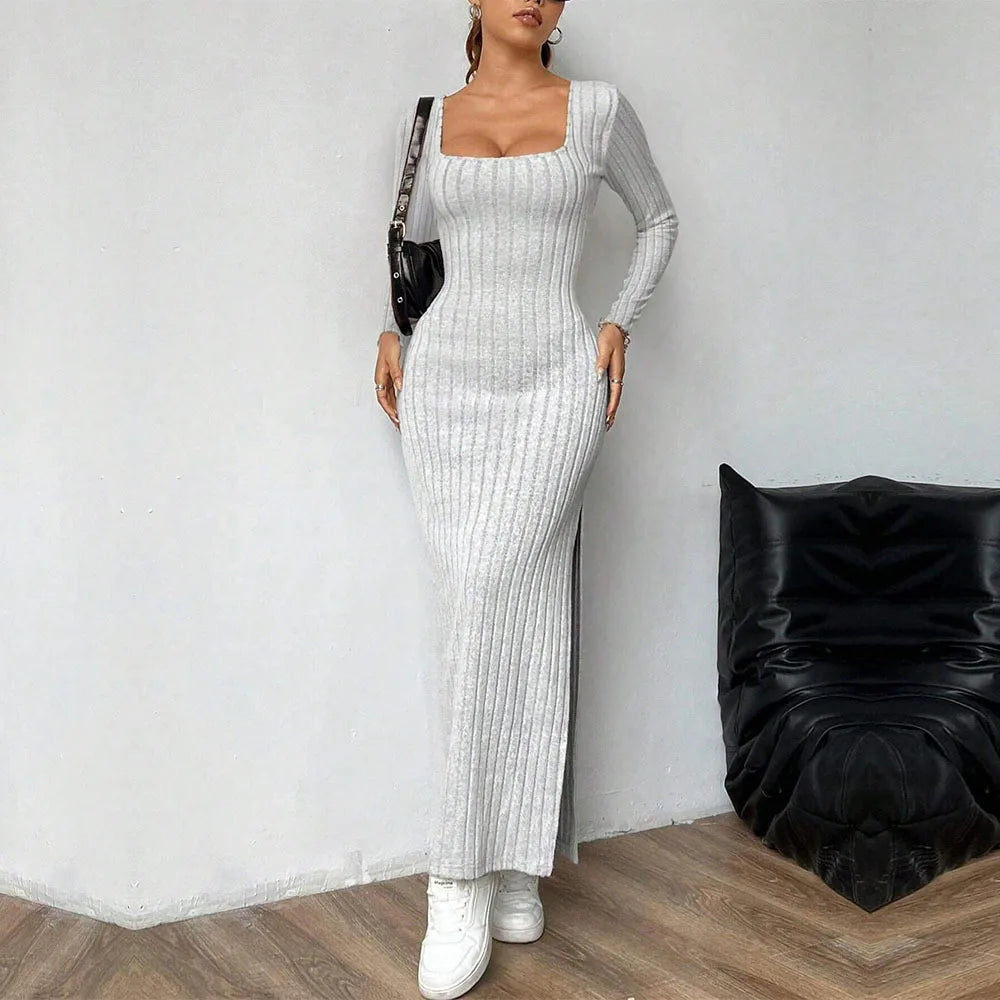 Women's Knitting Dress 2026 Spring Autumn Long Dress Minimalist Elegant Square Neck Backless Design Long Sleeve Midi Dress