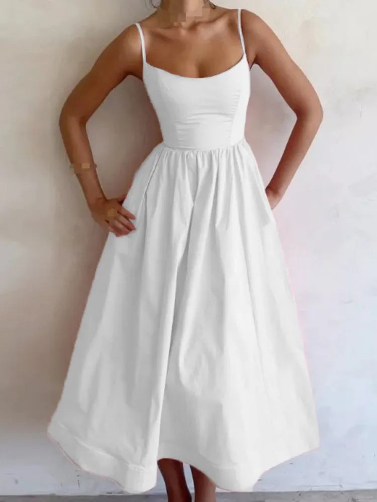Summer U-neck Casual Female Vintage Elegant  Spaghetti Strap Dress Women Elegant Solid Sleeveless A-line Midi Women's Dresses