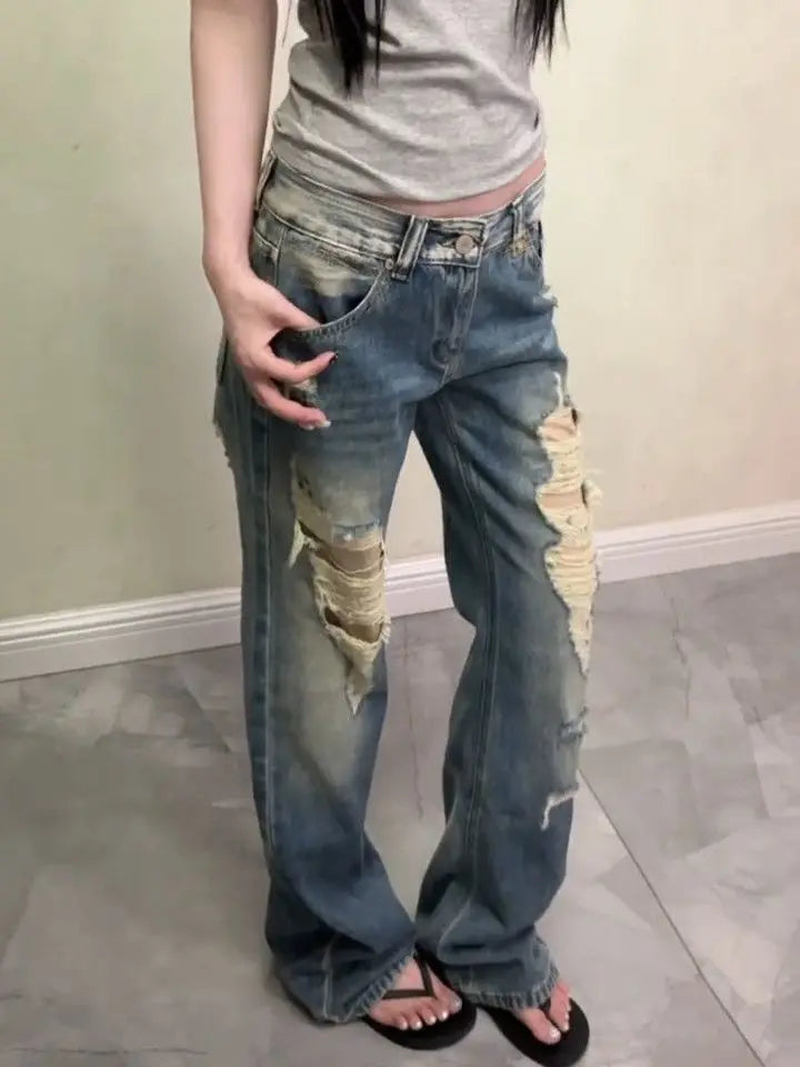 Women Streetwear Vintage Distressed Ripped Jeans 2026 Summer American Retro Y2k Grunge Denim Pants Casual Loose Trousers