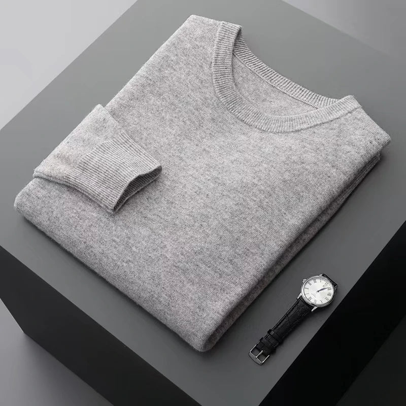 100% wool men's round neck solid color loose knit cashmere pullover for business and leisure, keeping warm in autumn and winter