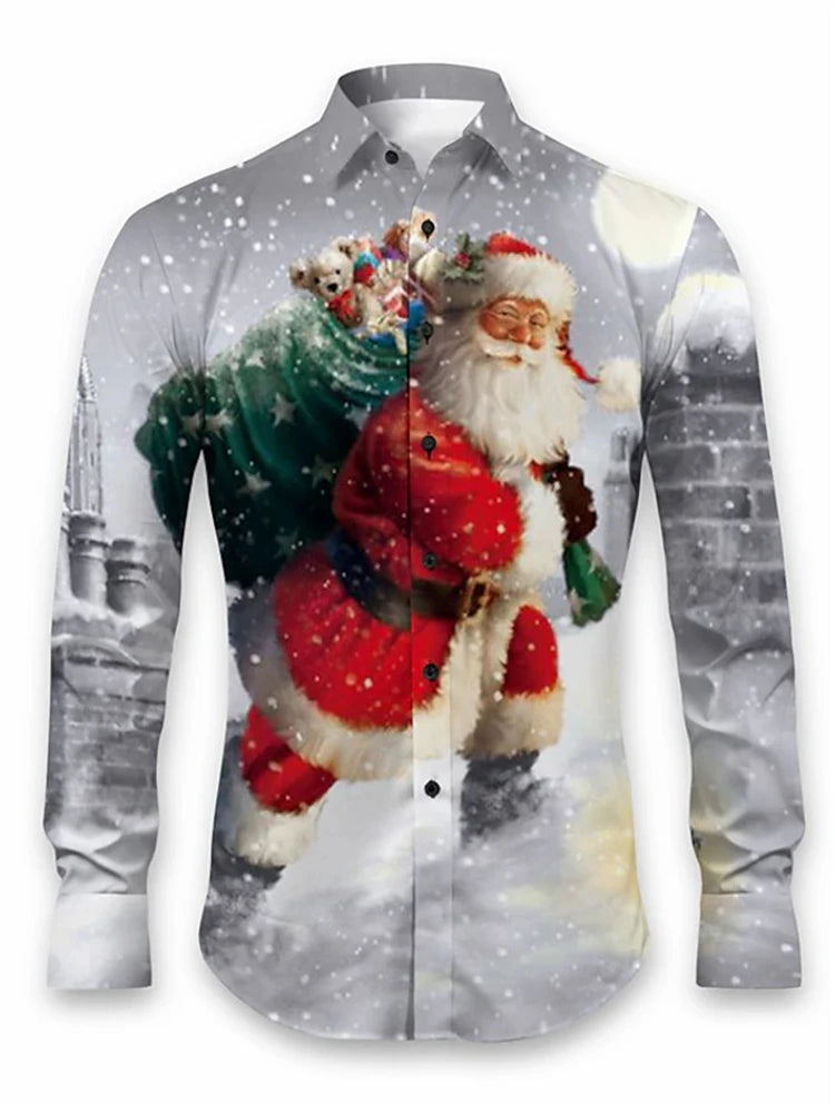 Gift Christmas Tree Print Men's Long Sleeve Shirt Urban Street Men's Fashion Christmas Shirt Autumn And Winter Casual Mens Shirt