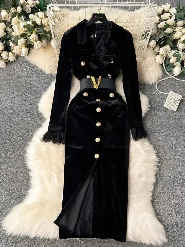 Autumn Winter Luxury Velvet Dress Women Clothing Notched Lion Metal Buttons Split Letter Belt Thick Velour Long Party Vestidos