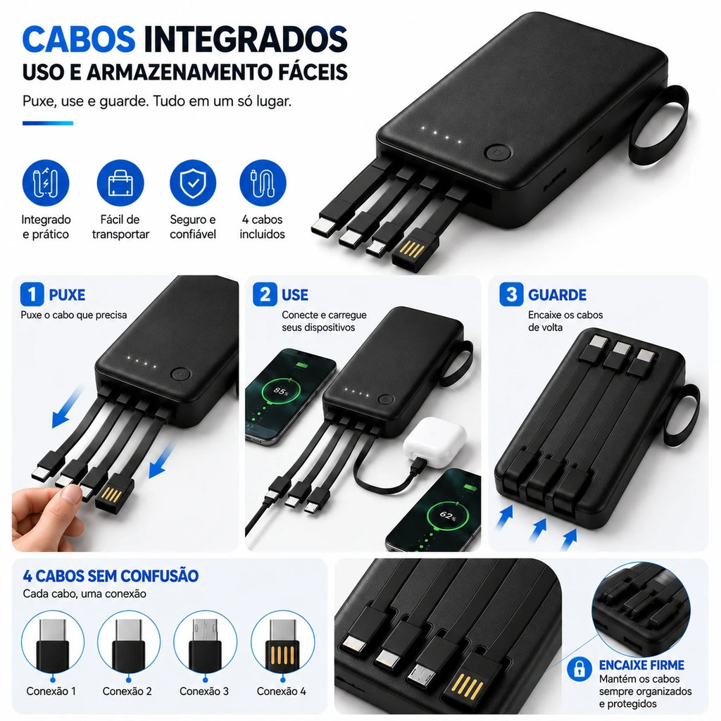 Power Bank 12000mAh E 26000mAh Carregador Rápido Portátil Com 4 Cabos USB Para Smartphone E Viagem