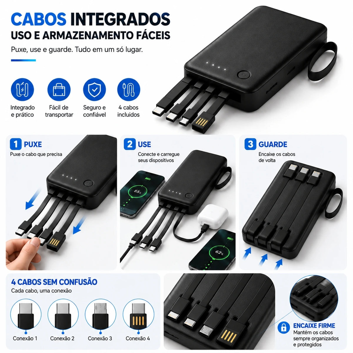 Power Bank 12000mAh E 26000mAh Carregador Rápido Portátil Com 4 Cabos USB Para Smartphone E Viagem