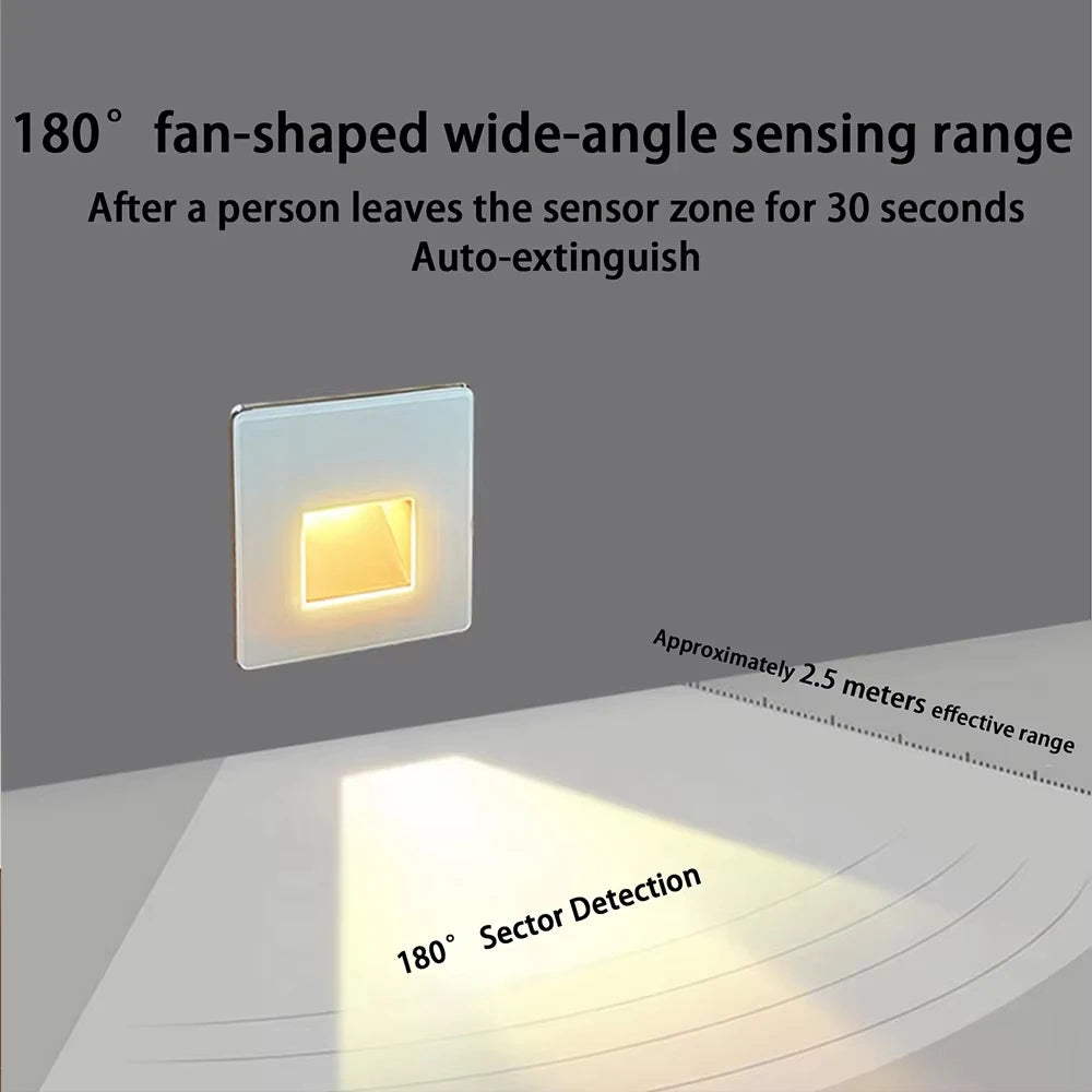 Embedded Stair LED Light Smart Glass Nightlights PIR Motion Sensor Bedroom Indoor Wall Sconce Balcony Step Corridor Radar Sensor