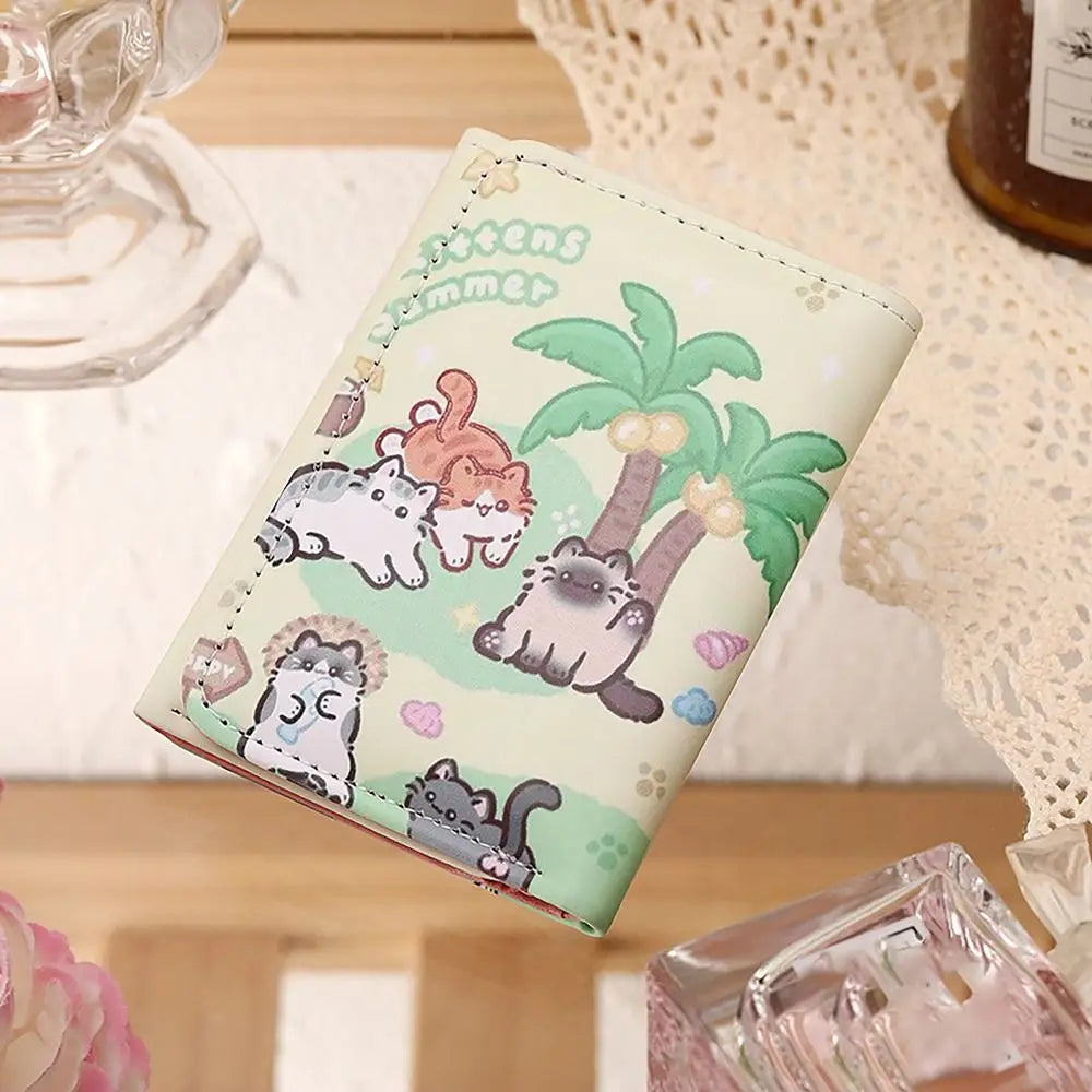 Vintage 3 Folds Money Coin Purse PU Leather Cute Kitten Dog Wallet Money Bag INS Style Card Wallets for Girls Students Gift
