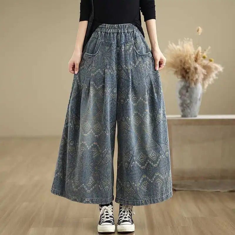 2026 Women's High Waist Wide Leg Jeans Loose Casual Straight Fit Trousers Elastic Waist Spring Autumn Vintage Print Denim Pants