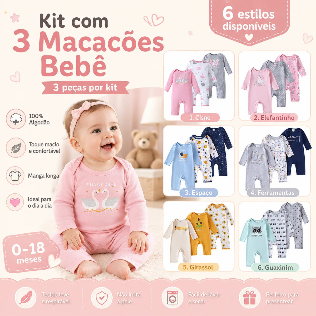 Kit 3 Baby Rompers Long Sleeve Footless Printed Infant Boy Girl Clothes