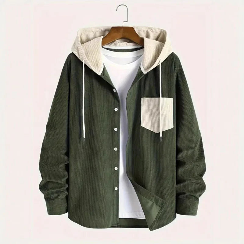 New Spring Autumn Men's Corduroy Long Sleeve Shirt Casual Streetwear Pocket Splicing Color Hoodie Loose Tops for Men Coats