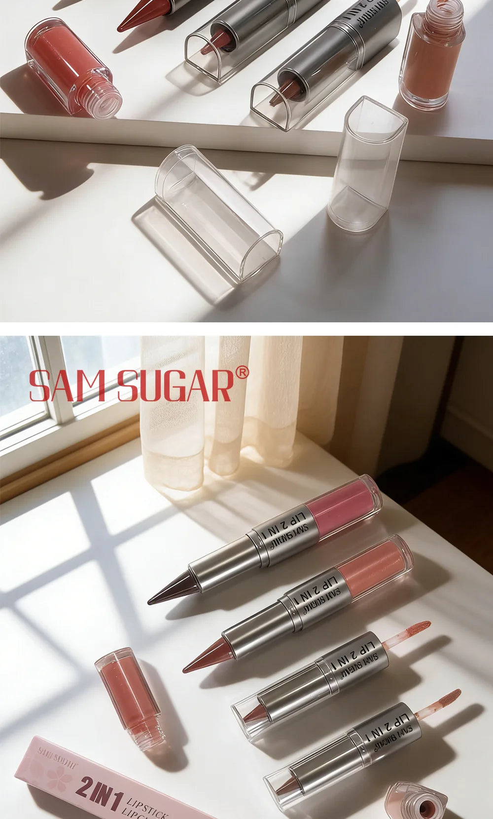 2 in 1 Lip Liner & Lip Gloss, Dual Ended Hydrating Non Stick Lipstick, Matte Velvet Outline Crayon with Shiny Plumping Lip Glaze