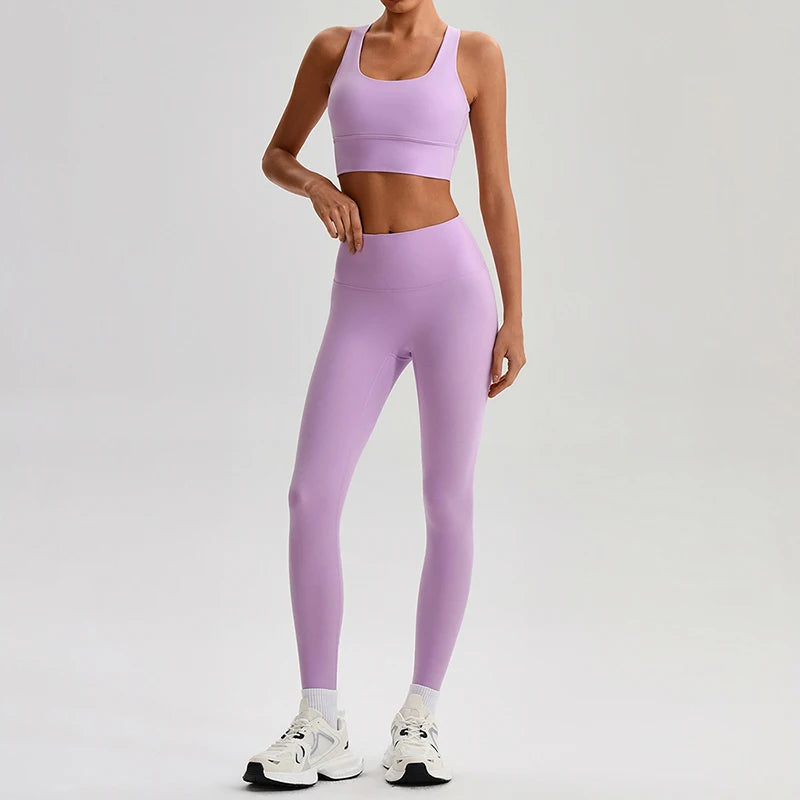 Naked Feel Yoga Set Women Fitness Sportswear 2 Piece Strappy Sports Bra High Waist Gym Leggings Workout Outfit Active Wear