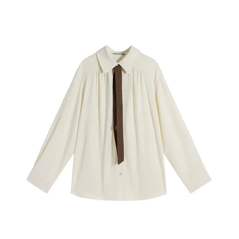2025 Summer Preppy Style Long Sleeve Women Solid Color Tie Women Shirt Minimalist Button Up Oversize Tops Female Clothing