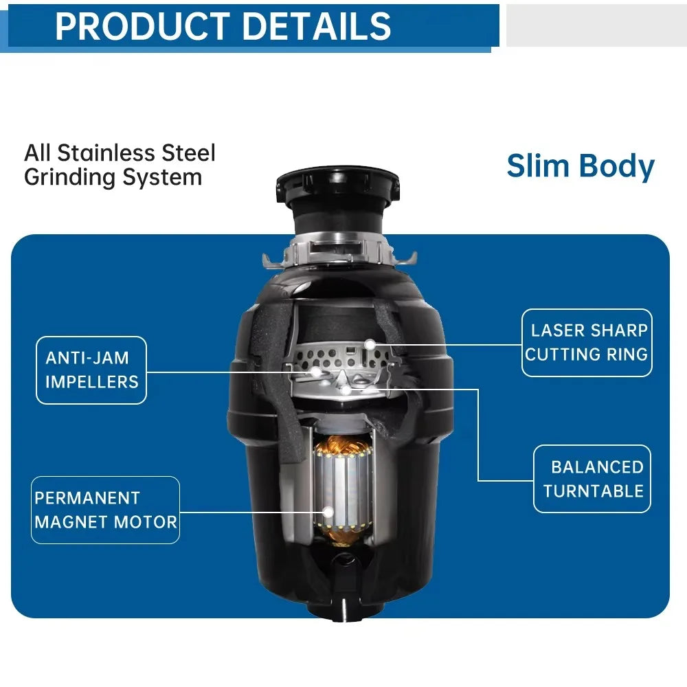 0.5 HP Kitchen Sink Food Waste Disposer – Continuous Feed