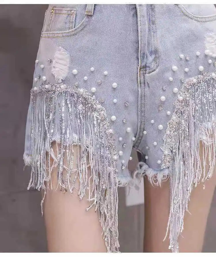 2026 Summer New Personalized Denim Shorts for women's High waisted Diamond Studded Heavy industry Sequin Tassel Fashion Shorts