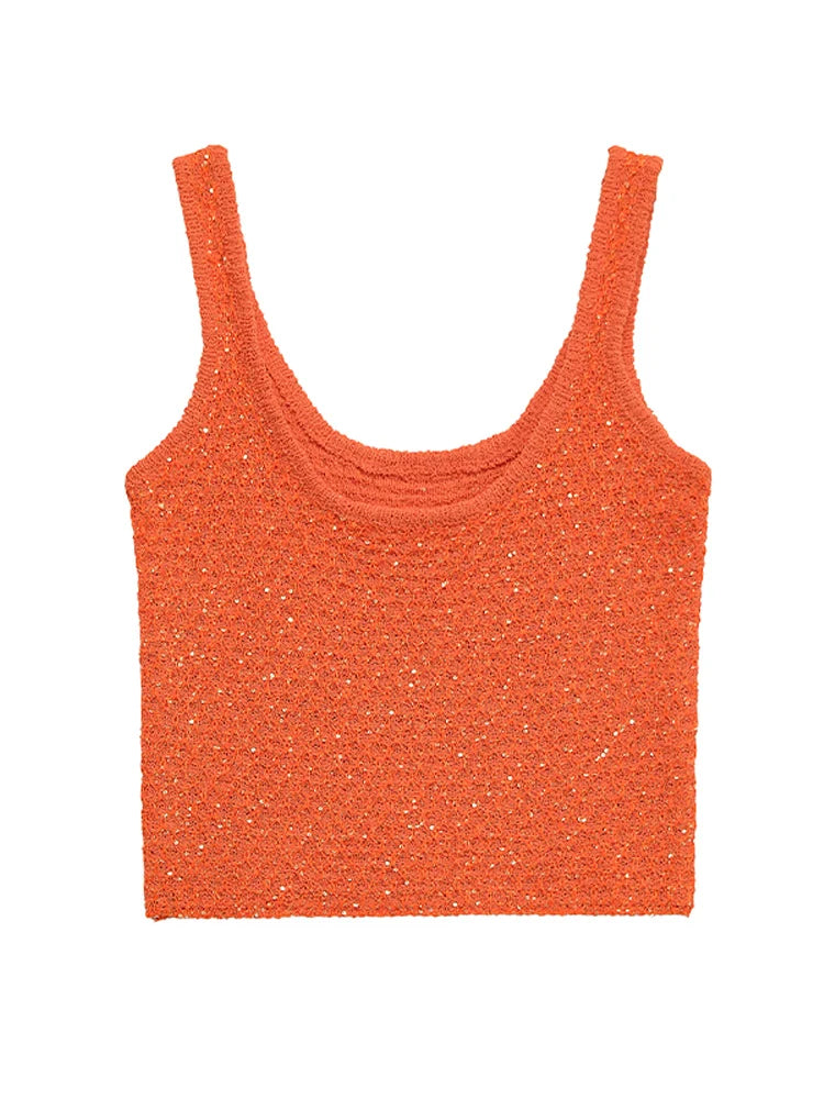 Women's Tank Tops Knitted Sequined Vests Summer Female Square Collar Sleeveless Backless Bodycon Crop Top Chic Lady Knitwear New
