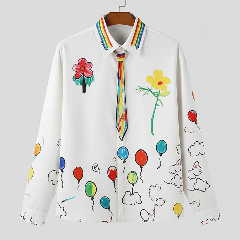 INCERUN Men Shirt Printing Lapel Long Sleeve Loose Men Clothing Streetwear Vacation 2026 Fashion Casual Tops Male Shirts S-5XL