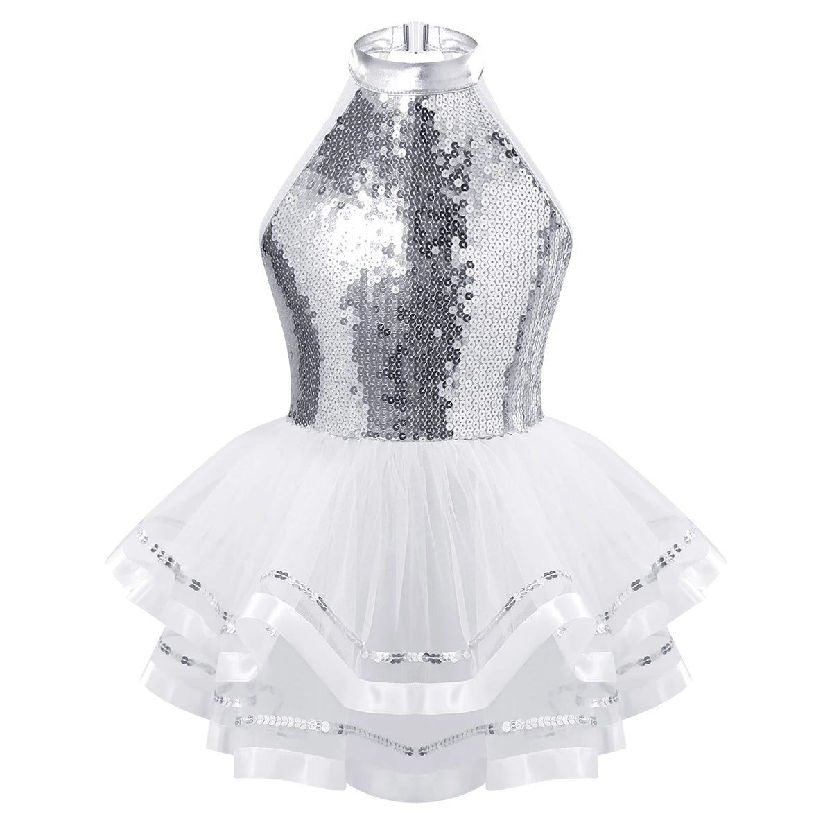 Jazz Dance Costume Kids Halter Shiny Sequins Gymnastics Unitards Dress Girls Ballet Leotard Tutu Stage Performance Clothing