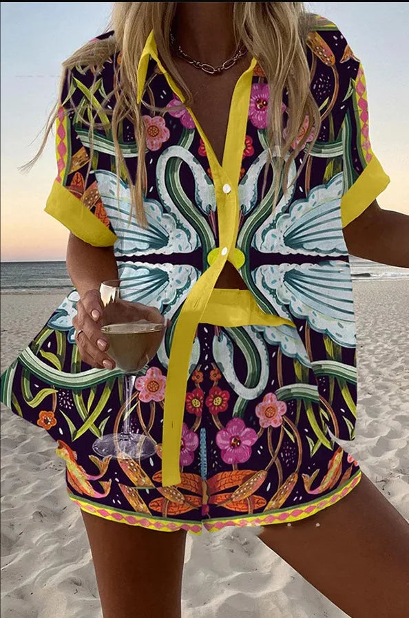 Summer New Print Beach Holiday Set For Women Fashion Short Sleeve Buttoned Shirt Wide Legs Shorts Oversized Two Piece Set