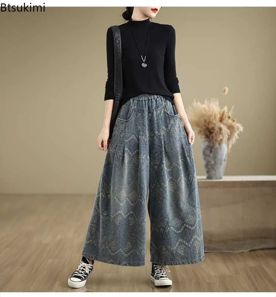 2026 Women's High Waist Wide Leg Jeans Loose Casual Straight Fit Trousers Elastic Waist Spring Autumn Vintage Print Denim Pants