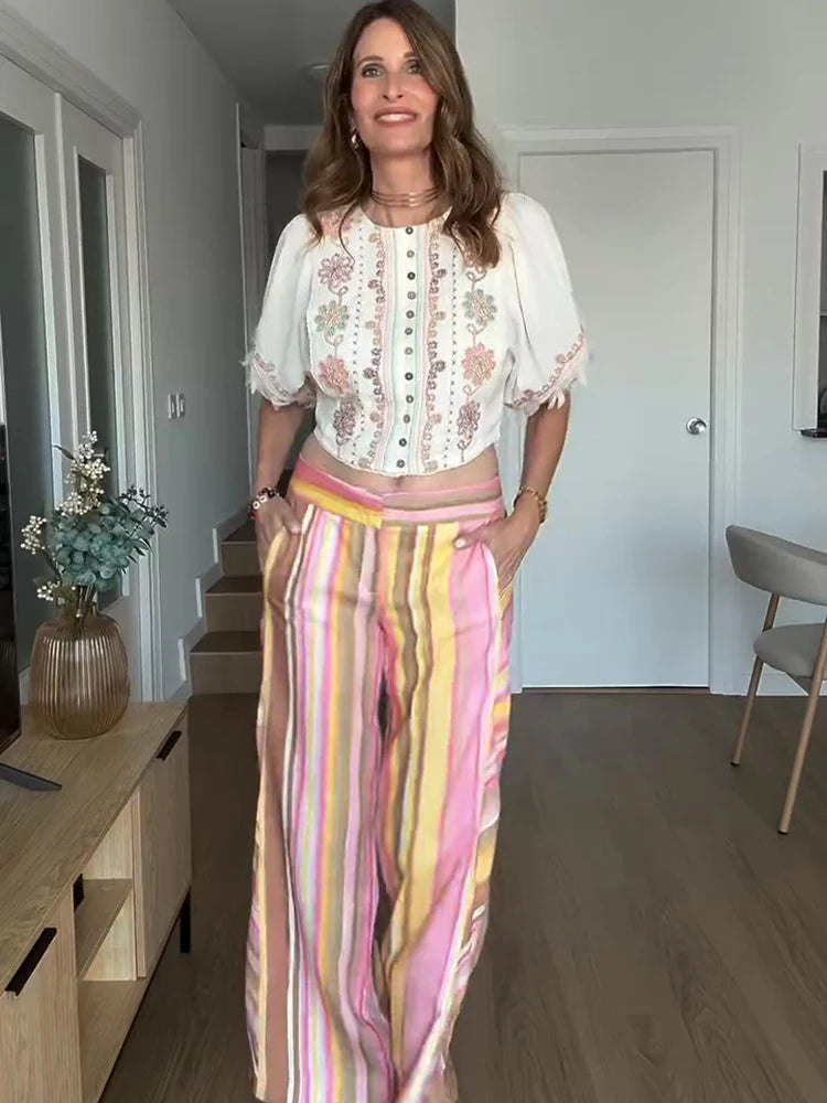 Striped Zipper High-Waisted Trousers Slim Fit Flare Leg Double Pocket 2026 Summer Casual Women Bottom Fashion Chic Lady Pants
