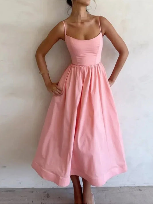 Summer U-neck Casual Female Vintage Elegant  Spaghetti Strap Dress Women Elegant Solid Sleeveless A-line Midi Women's Dresses
