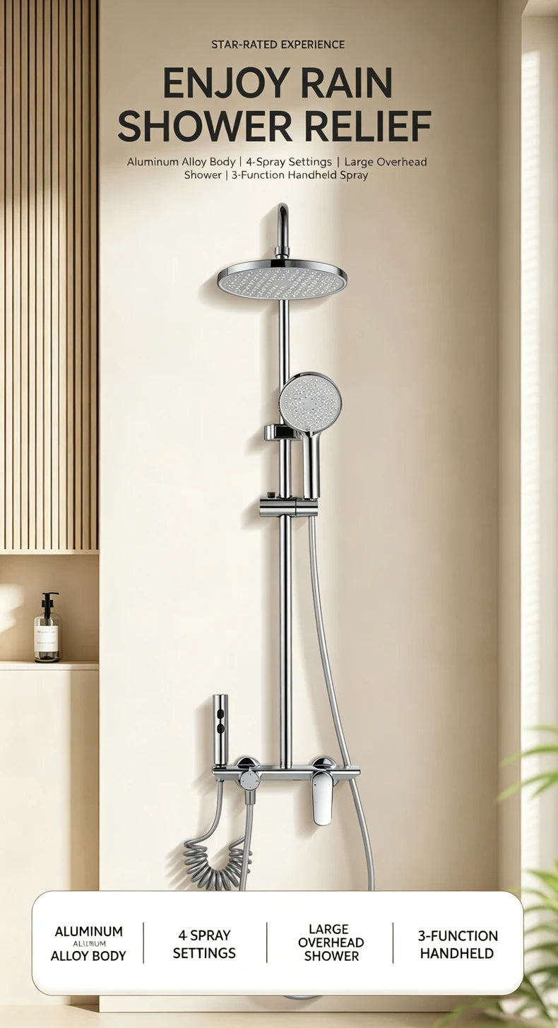 Household Silver Bathroom Shower Set MultiFunction Gray Rainfall Showers Hot and Cold Water Bathtub Shower Faucet Set Hotel