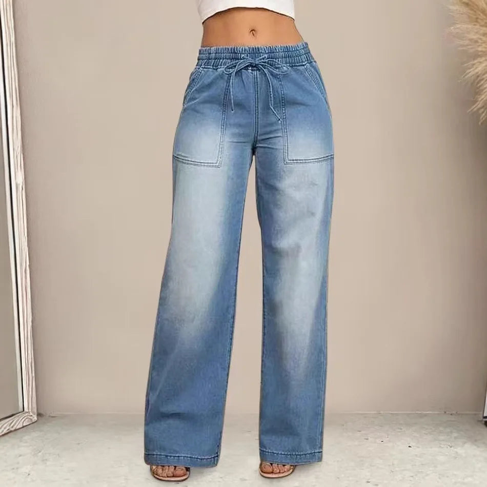 Chic High Waist Drawstring Denim Pants Women's Straight Wide Leg Jeans Fashion Trousers