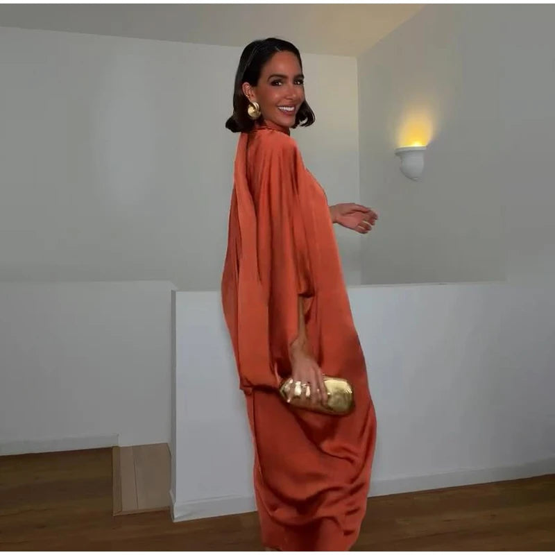 Women Solid Satin Maxi Dress High Neck Batwing Sleeve Loose Fit Front Slit Dresses Lady 2026 Summer Elegant Evening Party Outfit