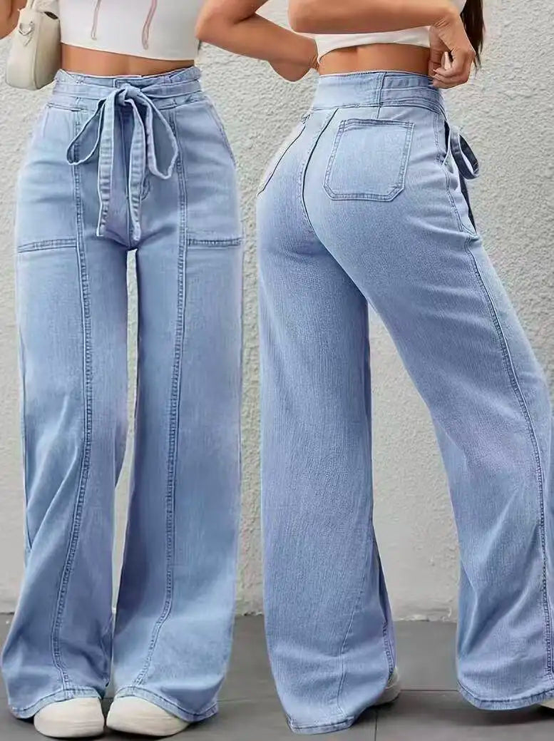 High Waist Belted Wide Leg Pants for Women with Large Patch Pockets And Splicing Stitching Design