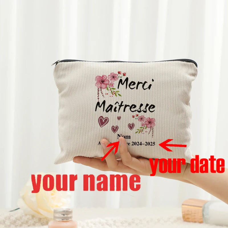 Personalized Floral Maitresse Appreciation Cosmetic Bag Custom Name Toiletry Case Gift for Educators End of School Year Present