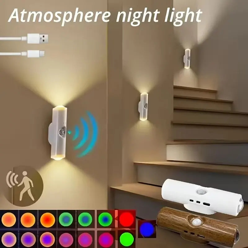 RGB Motion Sensor LED Wall Lamp Type-C Rechargeable Up-Down Dual Lighting Color Changing Neon Mood Light Dimmable Nightlight for Bedroom Corridor Stair Decor Christmas Gift