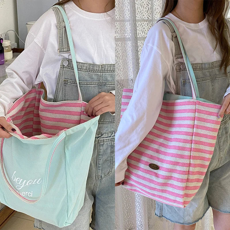 Casual Large Capacity Women's Canvas Shoulder Bags Striped Design Female Shopping Bag Summer Seaside Girls Handbags Beach Tote