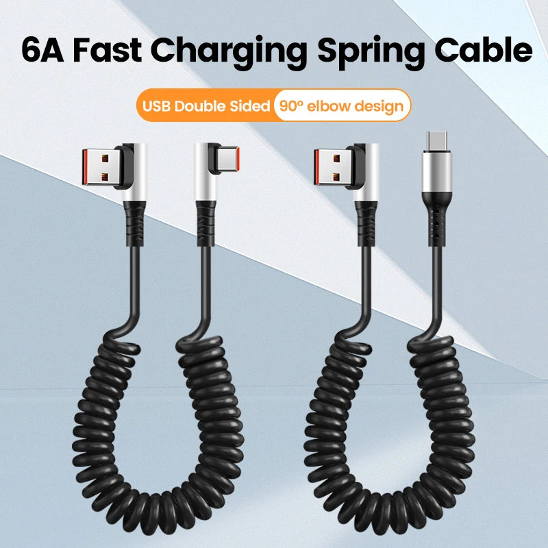 90 Degree Elbow Spring Cable USB Type C 6A Fast Charging 0.35-1.6M Retractable Data USB C To Type C Cable For iphone 15 Android