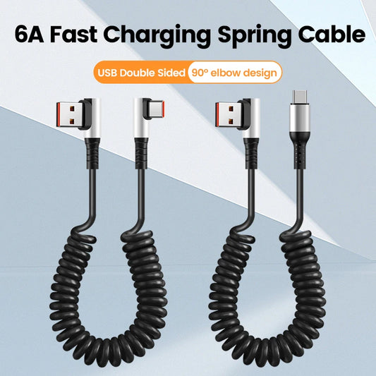 90 Degree Elbow Spring Cable USB Type C 6A Fast Charging 0.35-1.6M Retractable Data USB C To Type C Cable For iphone 15 Android