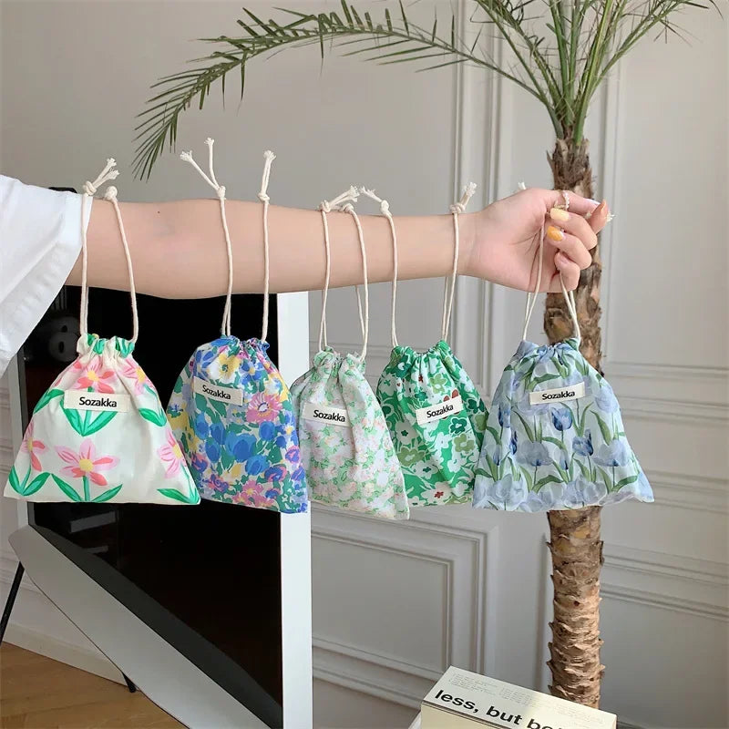 Kawaii Cloth Floral Drawstring Storage Bag Cosmetic Organizer for Women Makeup Handbags Wallet Small Pouch