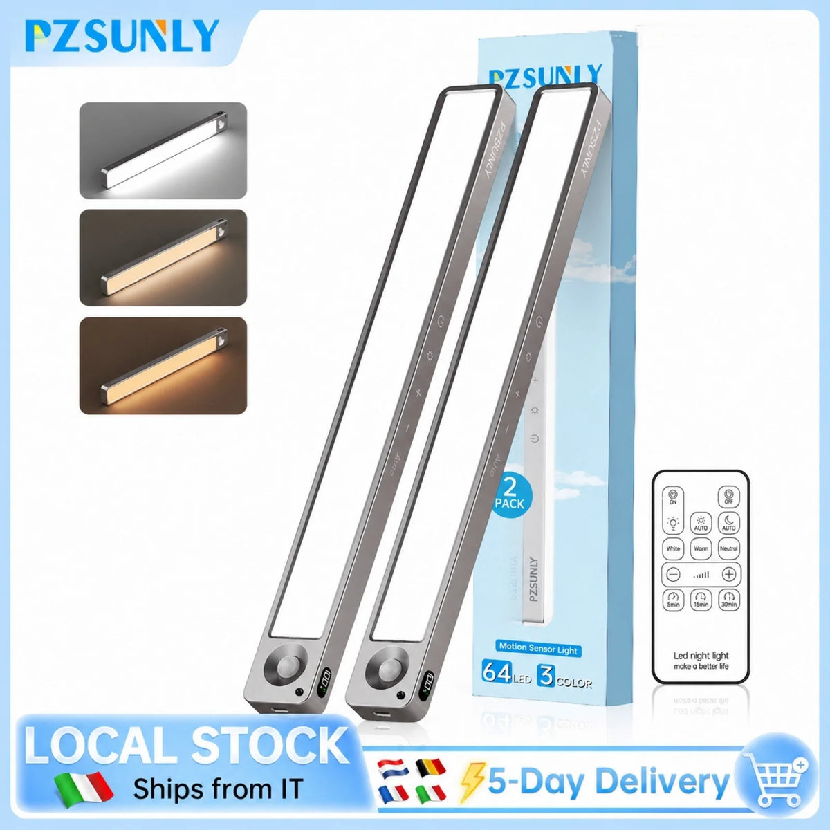 PZSUNLY LED Cabinet Light Rechargeable Motion Sensor Lamp 2200mAh Battery Display Touch 3 Color Type-C Magnetic Light Kitchen Wardrobe Bedroom Indoor Lamp