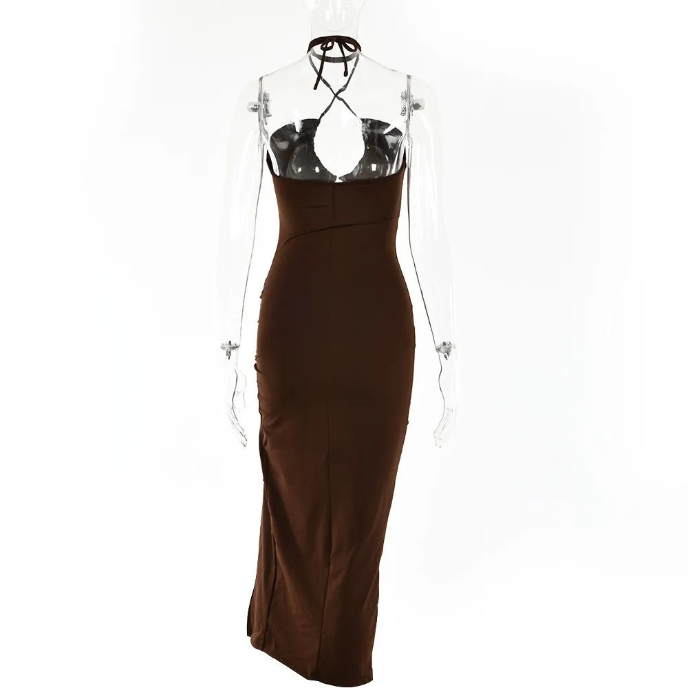 Summer Woman Dress Halter Neck Sleeveless High Waist Slit Maxi Dress Ruched Side Backless Elegant Party Evening Black for