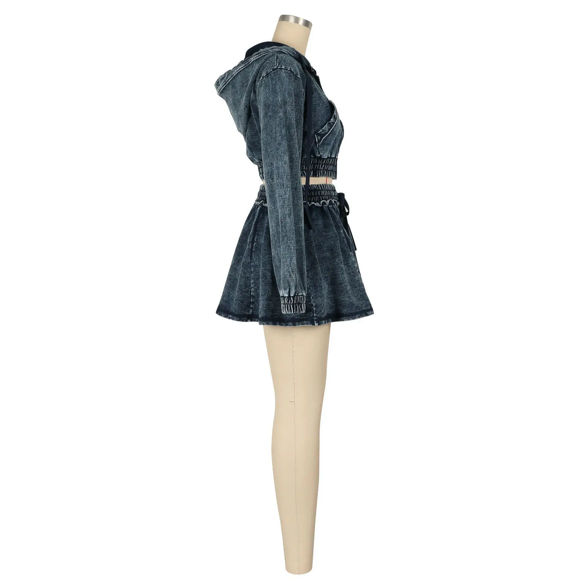 FAGADOER Fashion Denim 2 Pieces Set for Woman Wash Long Sleeve Hooded Crop Top and Pleated Skirts Matching Suits Streetwear New