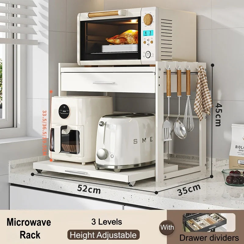 2 Tier Microwave Stand with Storage Drawer, Kitchen Countertop Organiser with Utensil Hooks, Storage Shelf for Oven & Air Fryer