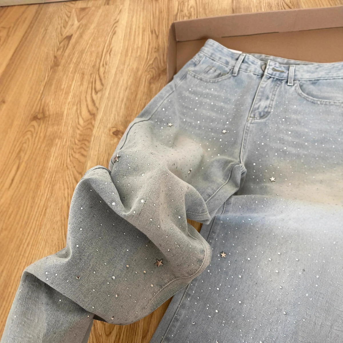 Women's 2025 Autumn New Light Blue Hot-Selling Rhinestone Straight Jeans High Waist Wash Jeans Loose Slimming Wide Leg Trousers
