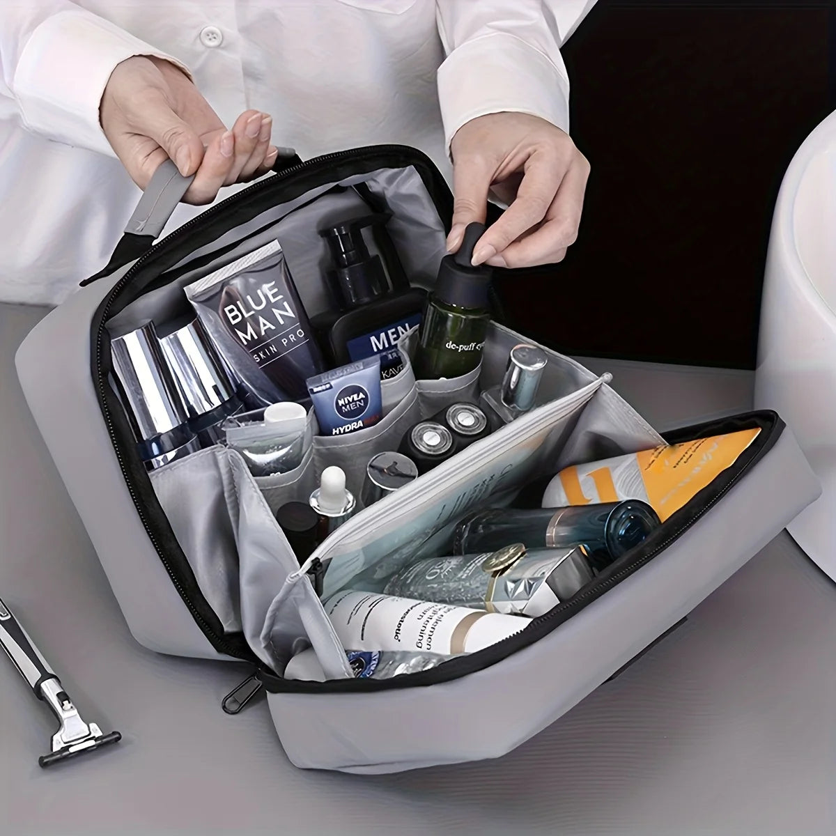 Men's Double Open Makeup Storage Bag Portable Zipper Closure Makeup And Beauty Bag Business Travel Toiletries Organizer Bags