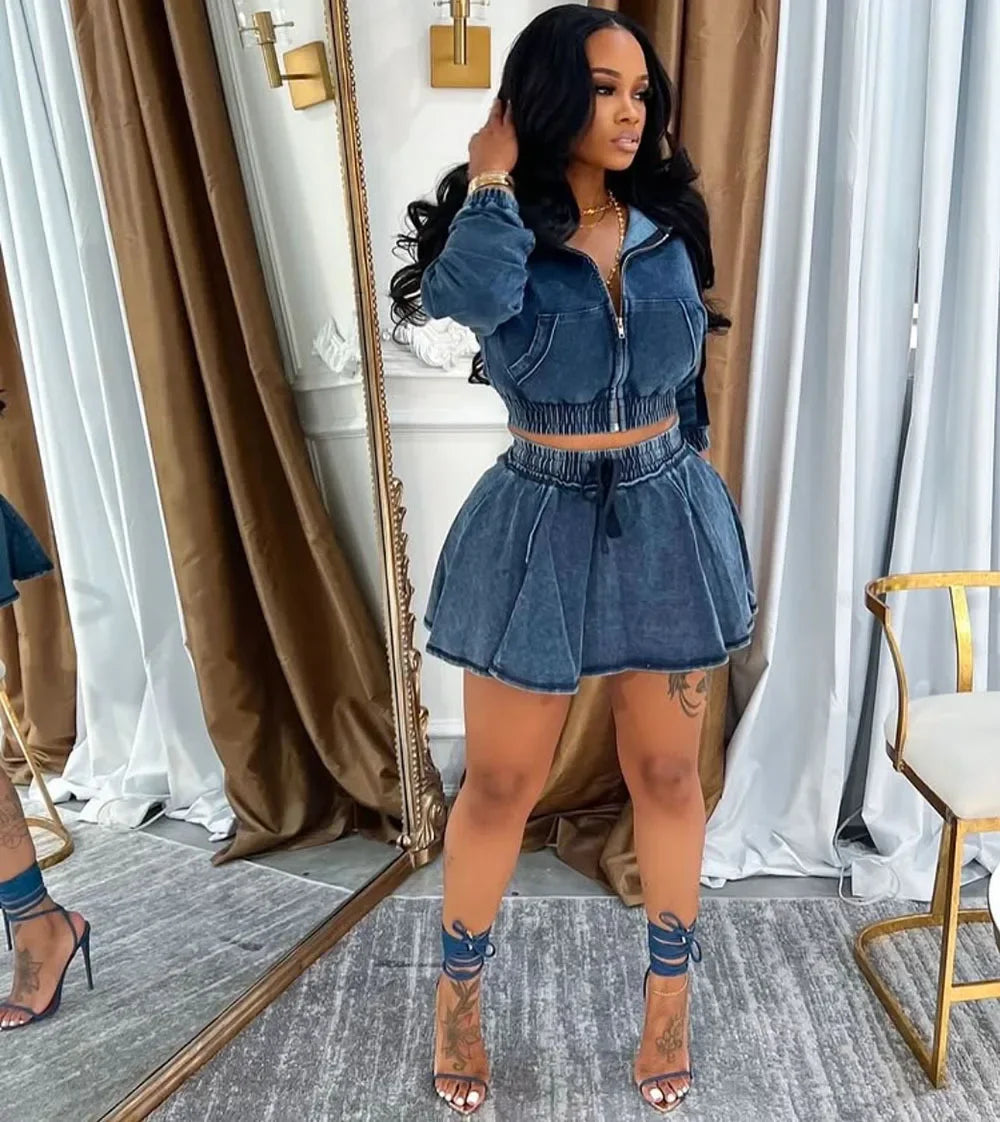 Women Two Piece Sets Skirt Set Denim Hooded Zipper Full Sleeve Tops Short Skirts A Line High Waist Y2k Streetwear Elegant 2026