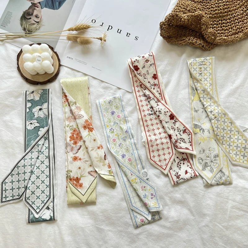 New Long Bag Scarf Women Hair Band Lady Accessories Print Skinny Scarves Headband Satin Ribbon Neck Tie Decorative Bag Scarves