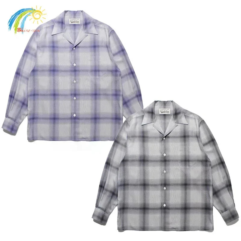 Classic WACKO MARIA Checkered Plaid Shirt Men Women Best Quality Hawaiian Tops Oversized Long Sleeved Shirts Light Purple Gray
