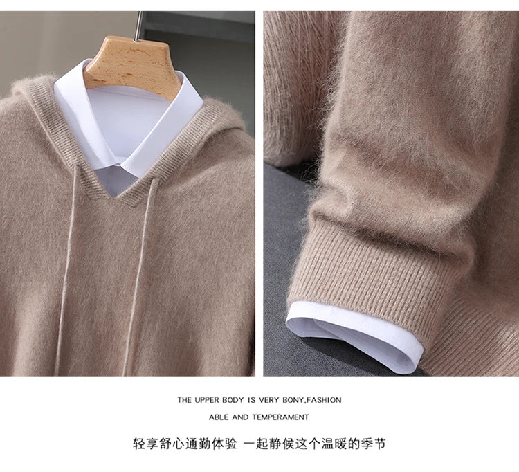 LHZSYY 100% Pure Mink Cashmere Hooded Sweater Men's Hooded Knitted Pullover Business Casual Loose Hoodie Autumn Bottoming Shirt