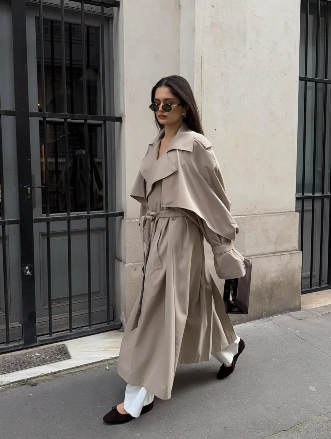 Khaki Lace Up Cape Trench Coat Loose Solid Full Sleeve Lapel Windbreaker 2026 Autumn New Fashion Commute Casual Daily Coats