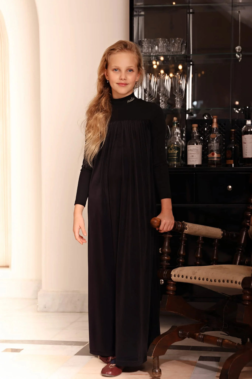 2026 Mali's AW Kids Black Velvet Pajamas with Embroidery Sister Matching Home Wear Sleeping Clothes Holiday Outfits